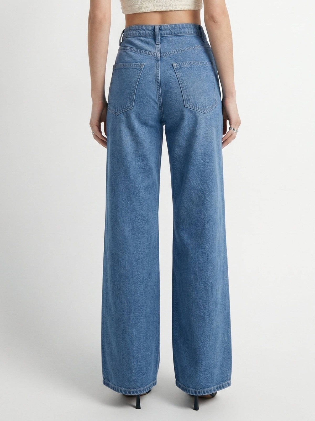 Blue Mid Rise Wide Leg Denim Jeans with Distressed Knee | WL90 - view 4