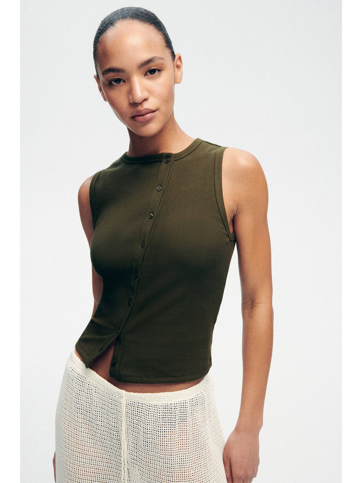 Women Green Button-Front Cotton Vest Top | TT98 - view 1