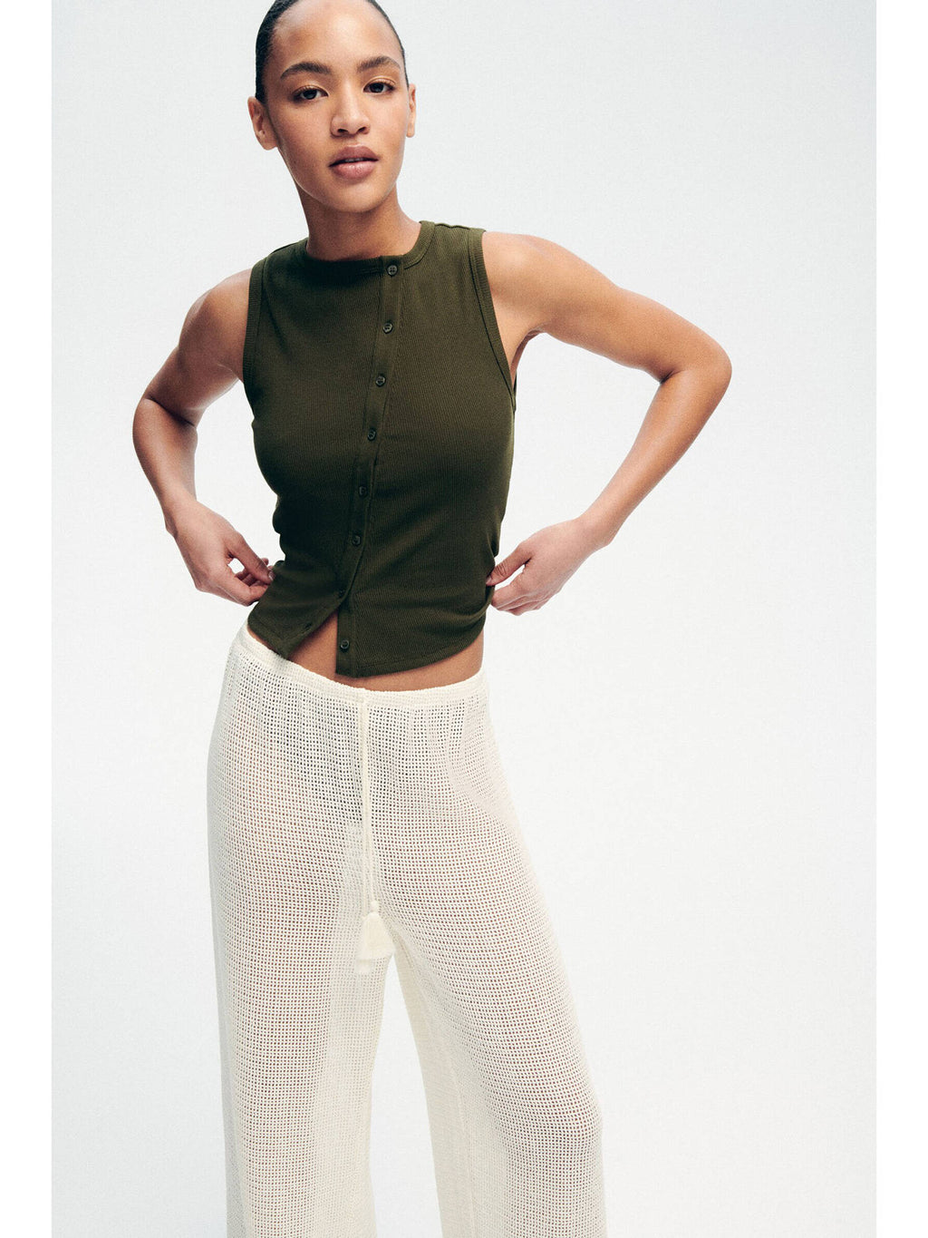 Women Green Button-Front Cotton Vest Top | TT98 - view 3
