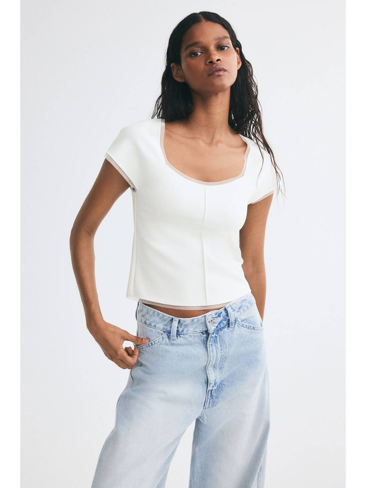 Women White Ponte Di Roma Square-Neck Crop Top | CT61 - view 1