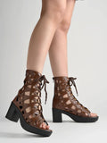 Women Beige Laser-Cut Block Heels | H78 - view 5