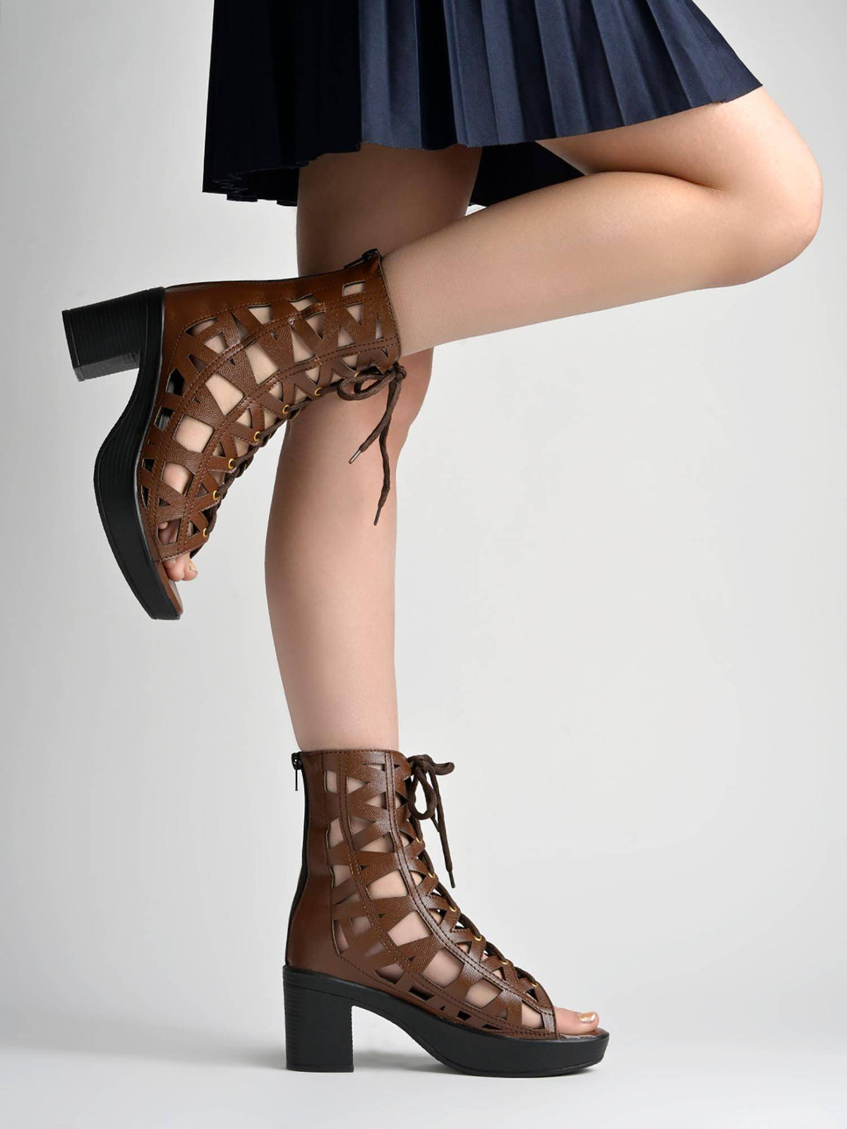 Women Beige Laser-Cut Block Heels | H78 - view 8
