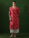 Red Floral Printed Straight Pure Cotton Kurta | KDG - view 1