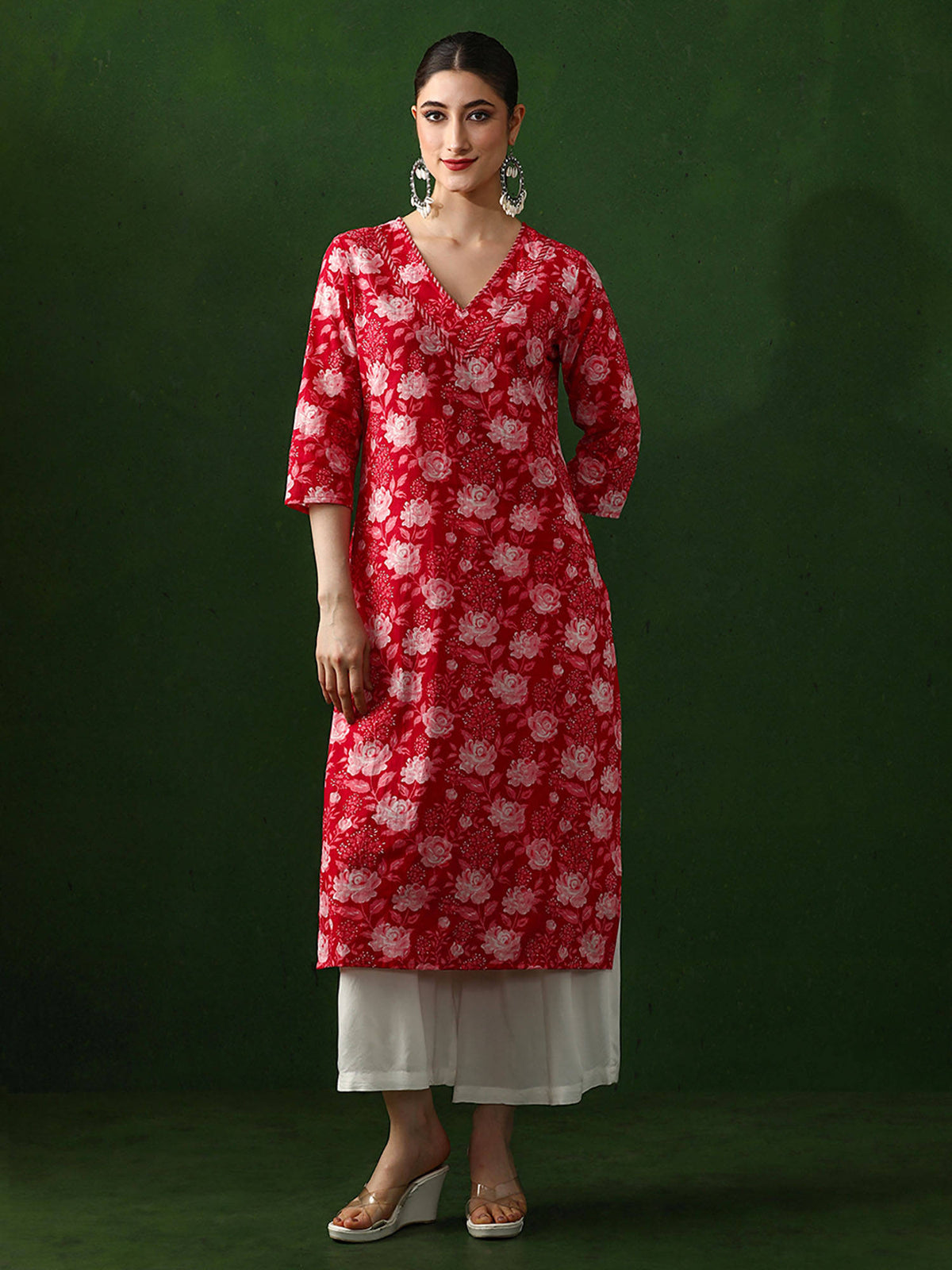 Red Floral Printed Straight Pure Cotton Kurta | KDG - view 1