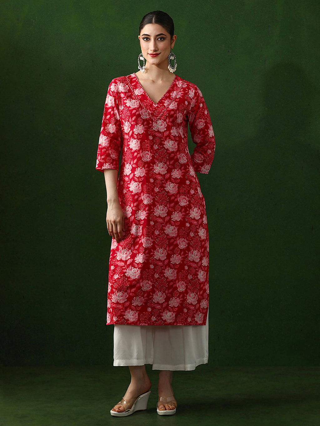 Red Floral Printed Straight Pure Cotton Kurta | FY93 - view 1