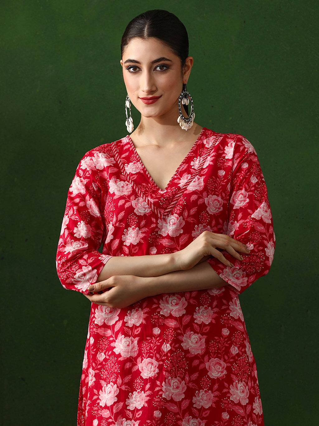 Red Floral Printed Straight Pure Cotton Kurta | KDG - view 2
