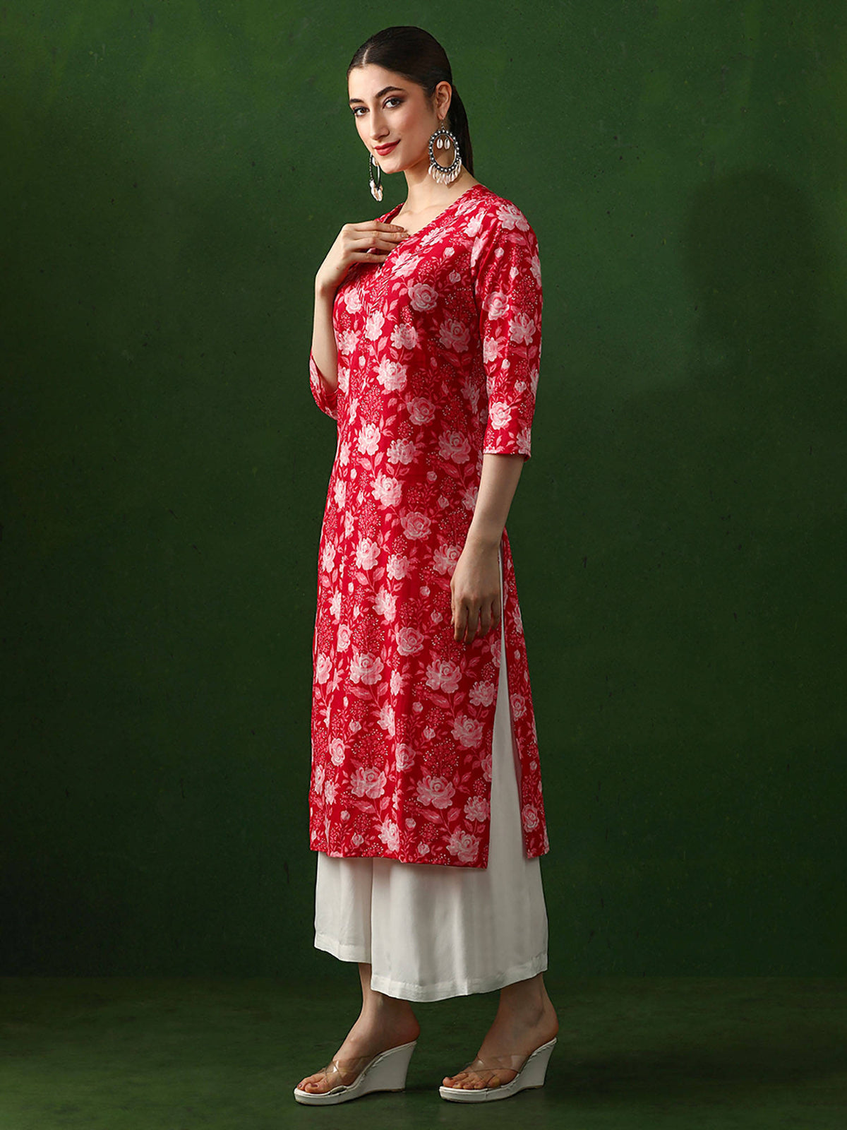 Red Floral Printed Straight Pure Cotton Kurta | KDG - view 3