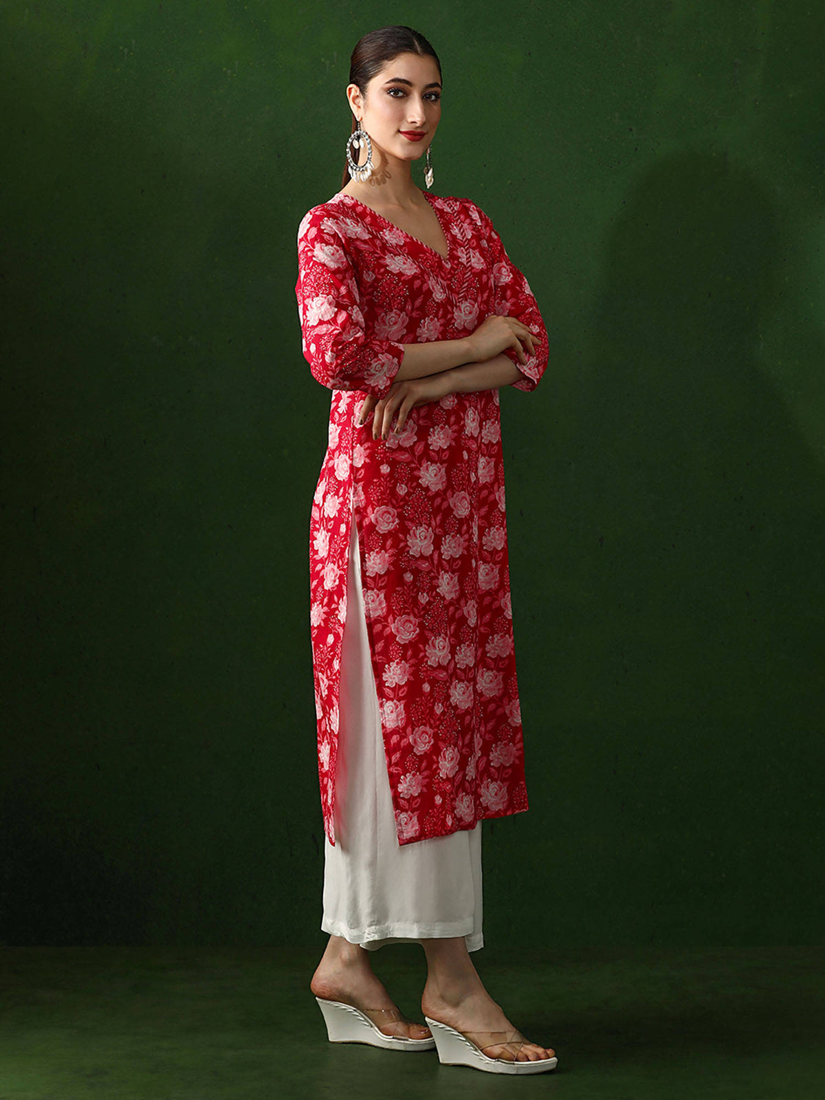 Red Floral Printed Straight Pure Cotton Kurta | KDG - view 4