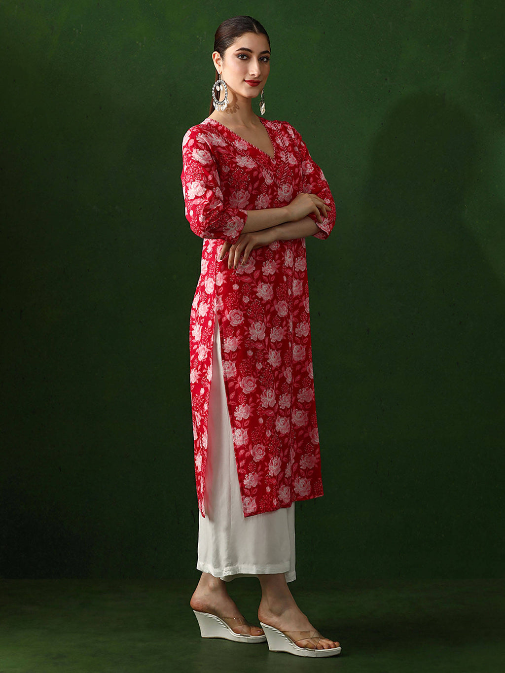Red Floral Printed Straight Pure Cotton Kurta | FY93 - view 4