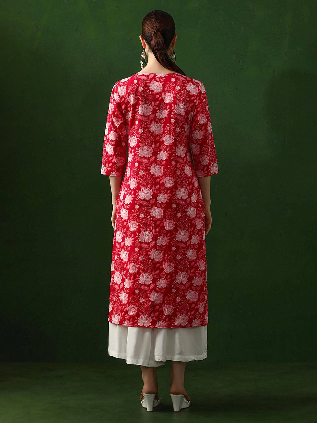 Red Floral Printed Straight Pure Cotton Kurta | FY93 - view 5