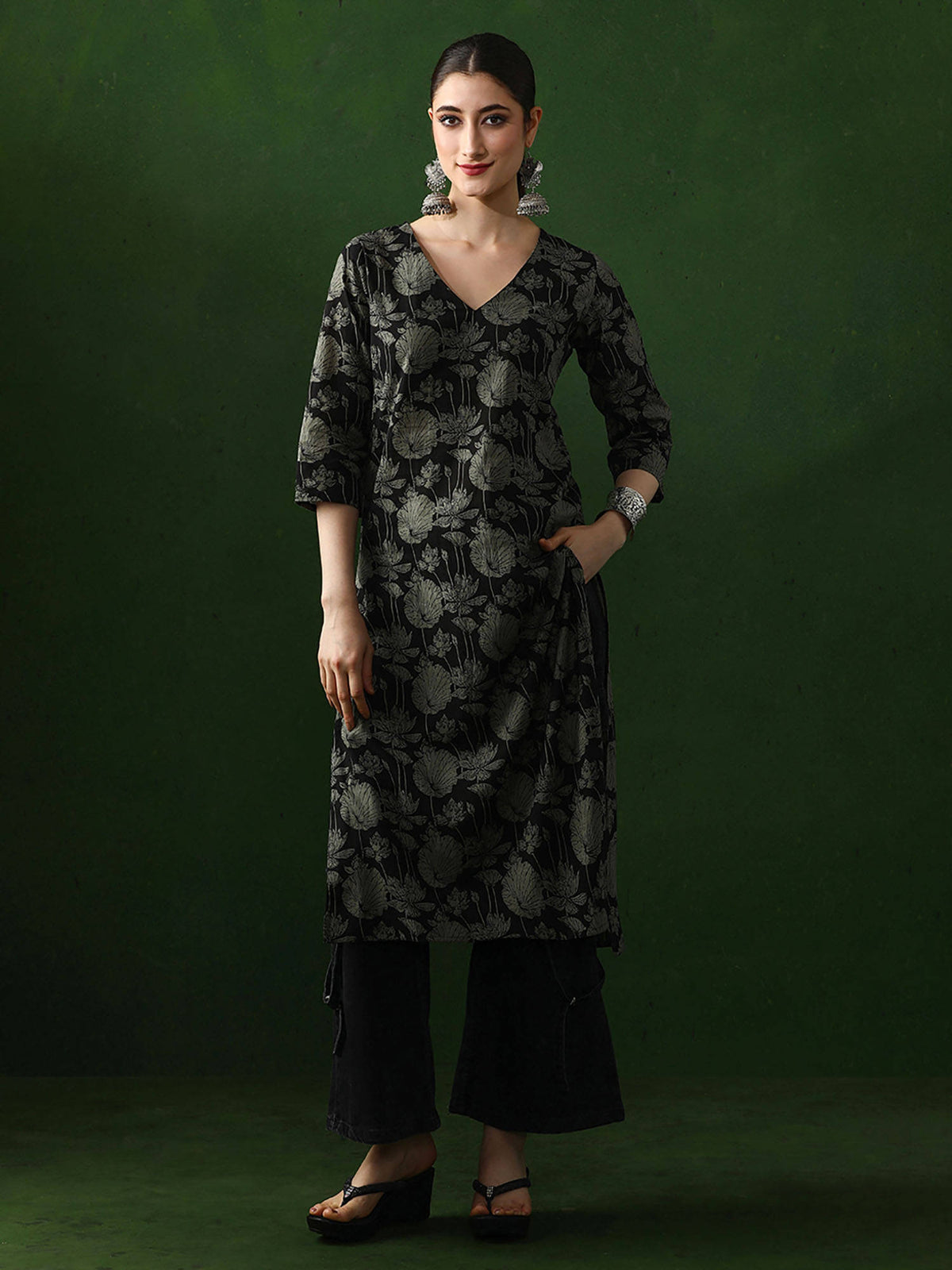 Red Floral Printed Straight Pure Cotton Kurta | KDG - view 19