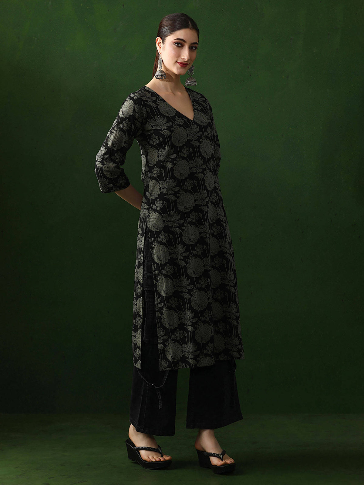 Red Floral Printed Straight Pure Cotton Kurta | KDG - view 22