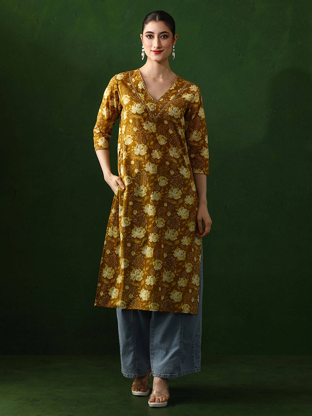 Red Floral Printed Straight Pure Cotton Kurta | KDG - view 25
