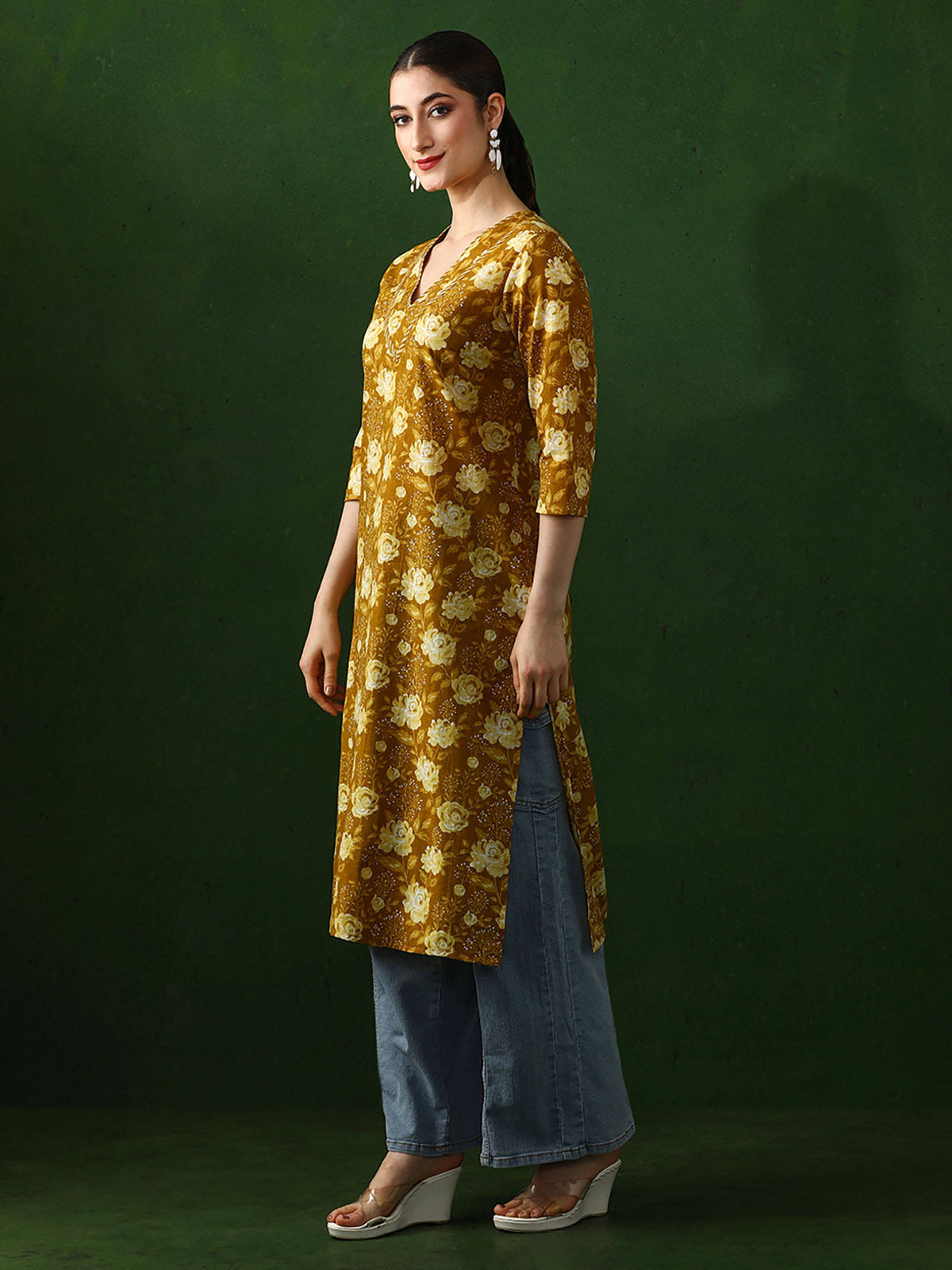 Red Floral Printed Straight Pure Cotton Kurta | KDG - view 27