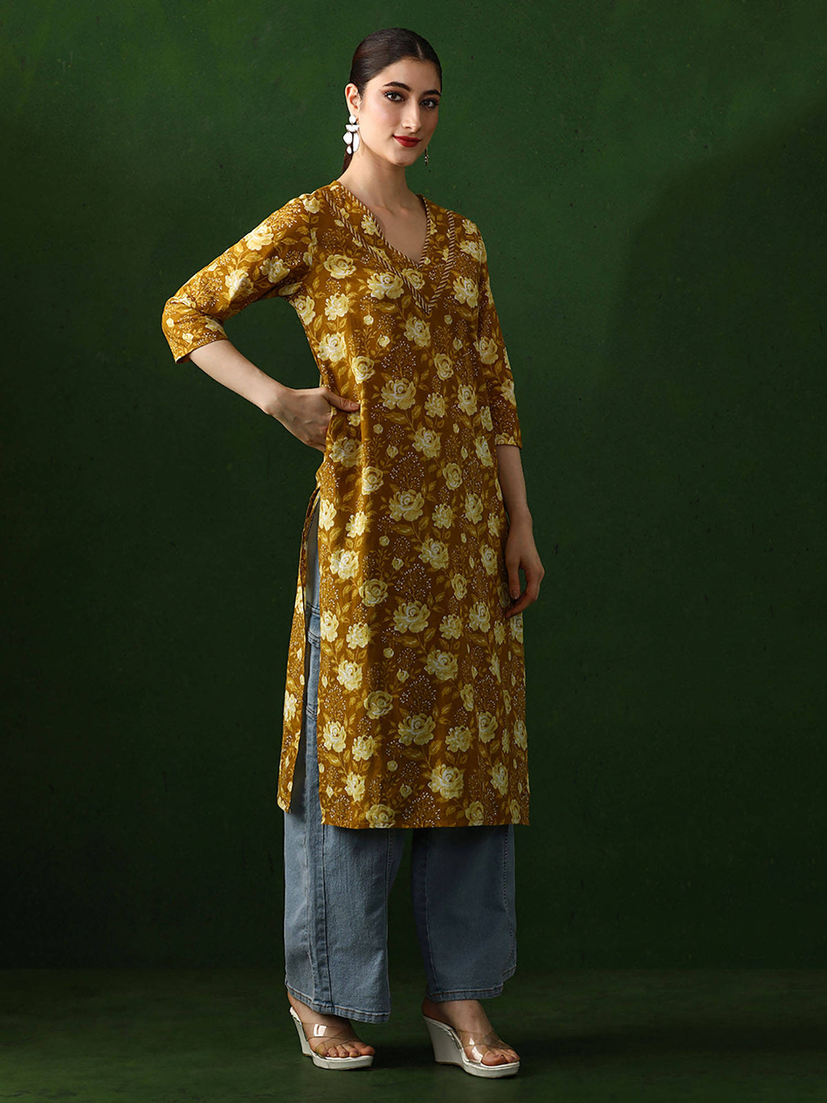 Red Floral Printed Straight Pure Cotton Kurta | KDG - view 28