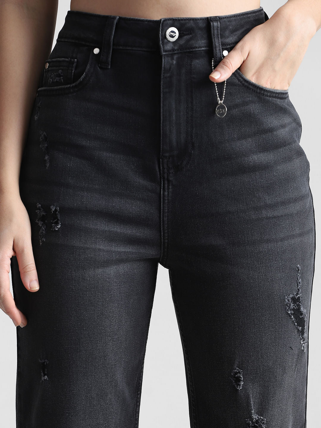 Black Emily Distressed Straight Fit Jeans
