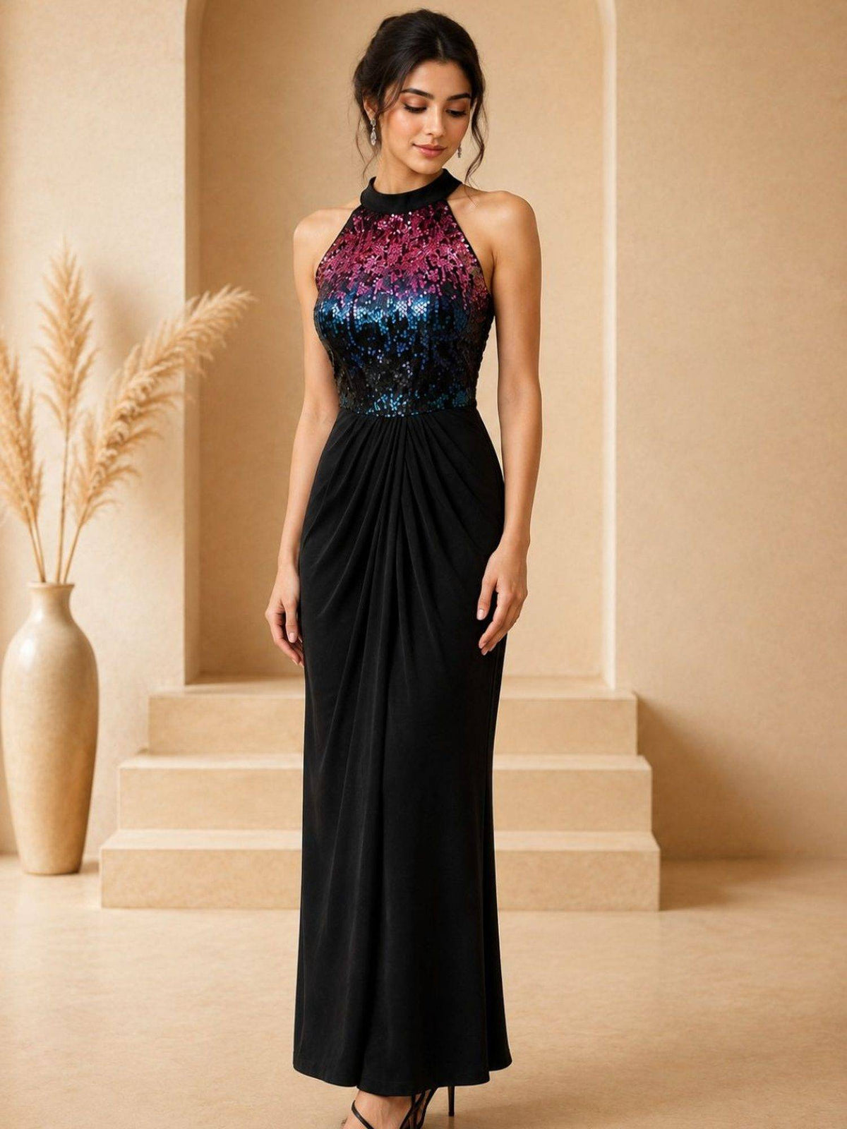 Black Embellished Halter Neck Maxi Dress | D56 - view 1