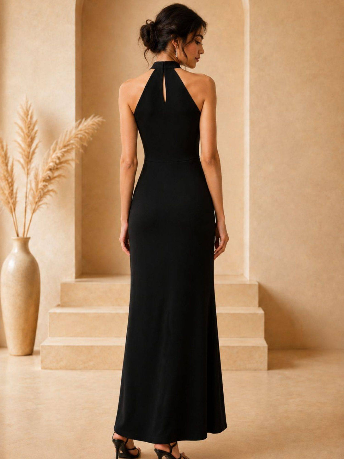 Black Embellished Halter Neck Maxi Dress | D56 - view 2