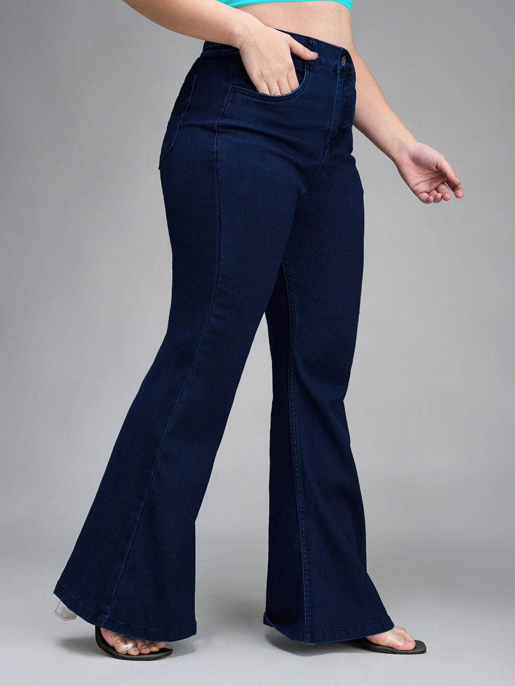A+ Womens Navy Blue Bootcut High Rise Stretchable Denim Jeans | BT10 - view 2