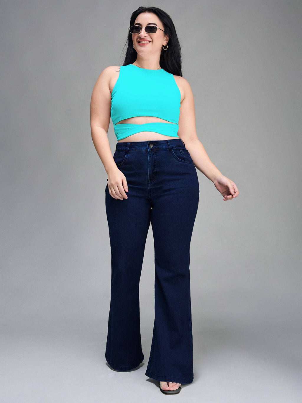 A+ Womens Navy Blue Bootcut High Rise Stretchable Denim Jeans | BT10 - view 5