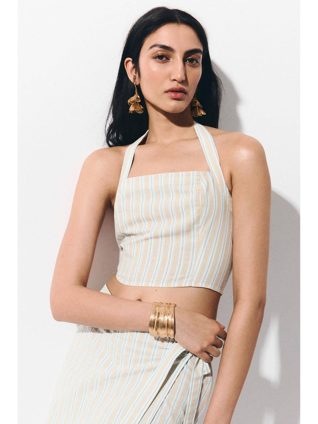Women Beige Linen-blend halterneck top | HT67 - view 1