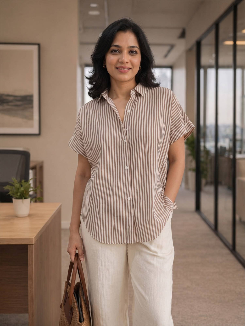 Brown Cotton Stripe Drop Shoulder Shirt | S67 - view 1