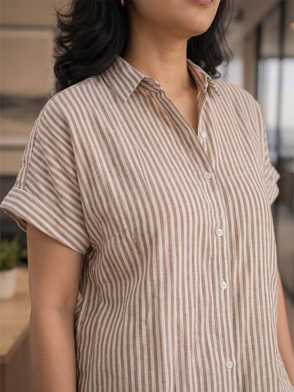 Brown Cotton Stripe Drop Shoulder Shirt | S67 - view 2
