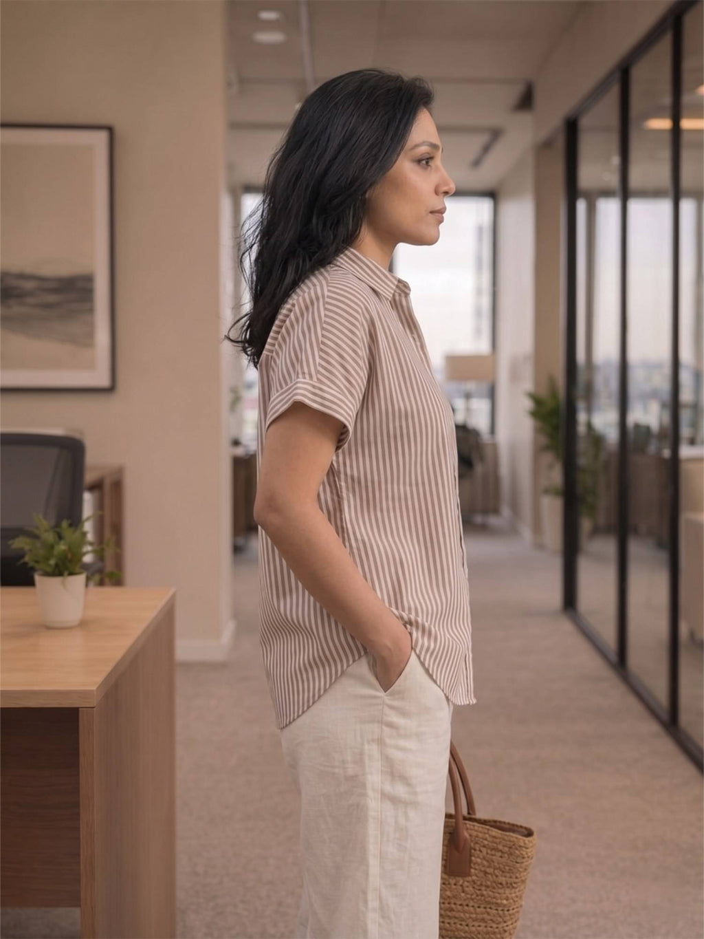 Brown Cotton Stripe Drop Shoulder Shirt | S67 - view 3