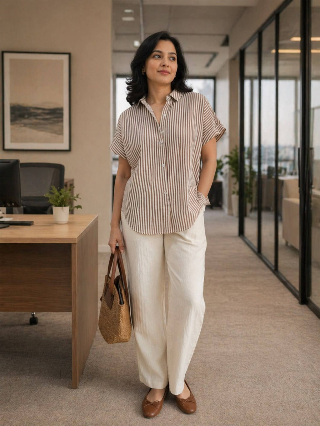 Brown Cotton Stripe Drop Shoulder Shirt | S67 - view 4