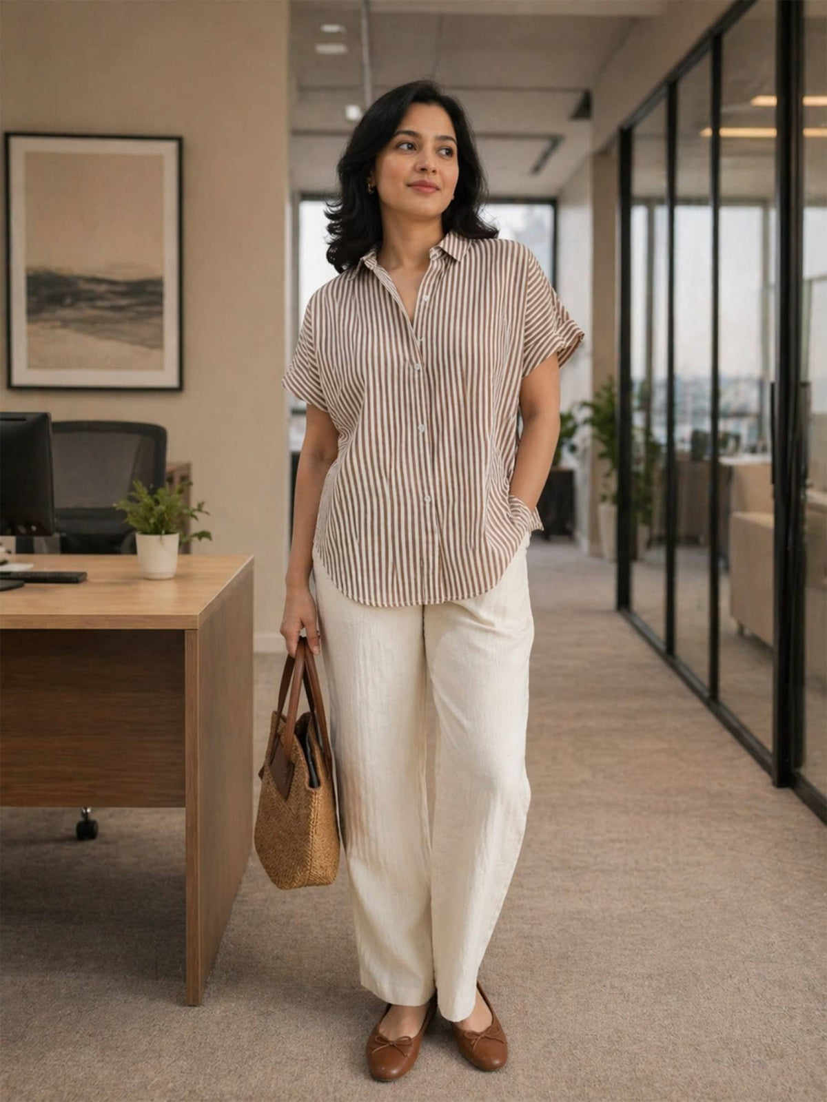 Brown Cotton Stripe Drop Shoulder Shirt | S67 - view 4