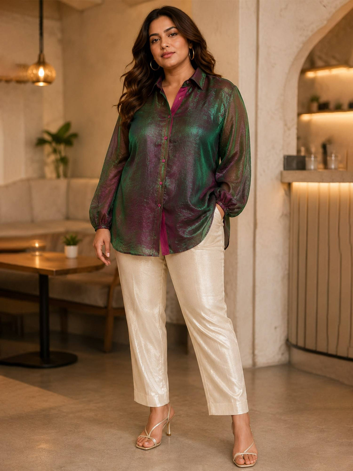 Bottle Green Dual Tone Organza Shirt | S67 - view 4