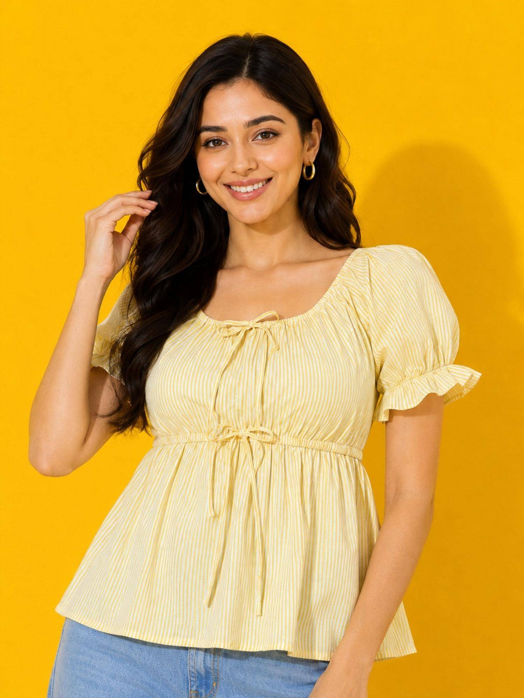 Women Yellow Striped Puff Sleeve Babydoll Peplum Top | pt51 - view 1