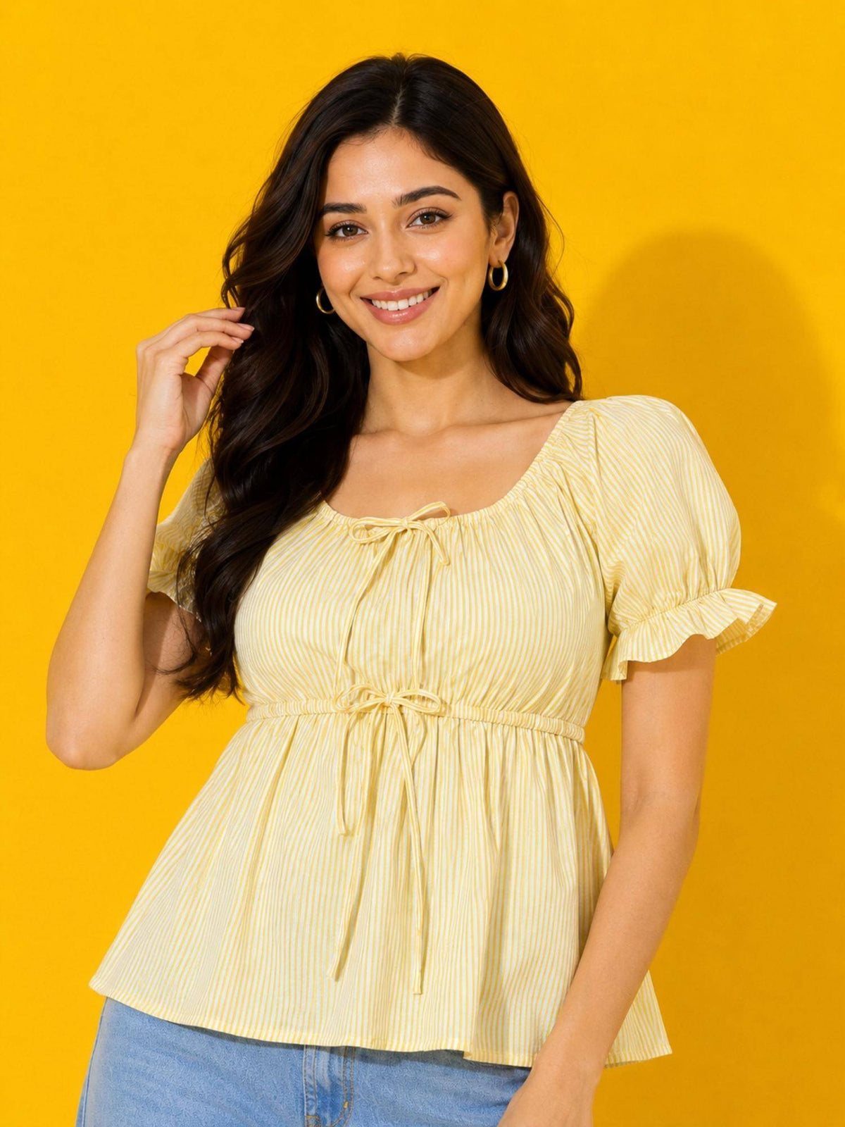 Women Yellow Striped Puff Sleeve Babydoll Peplum Top | pt51 - view 1