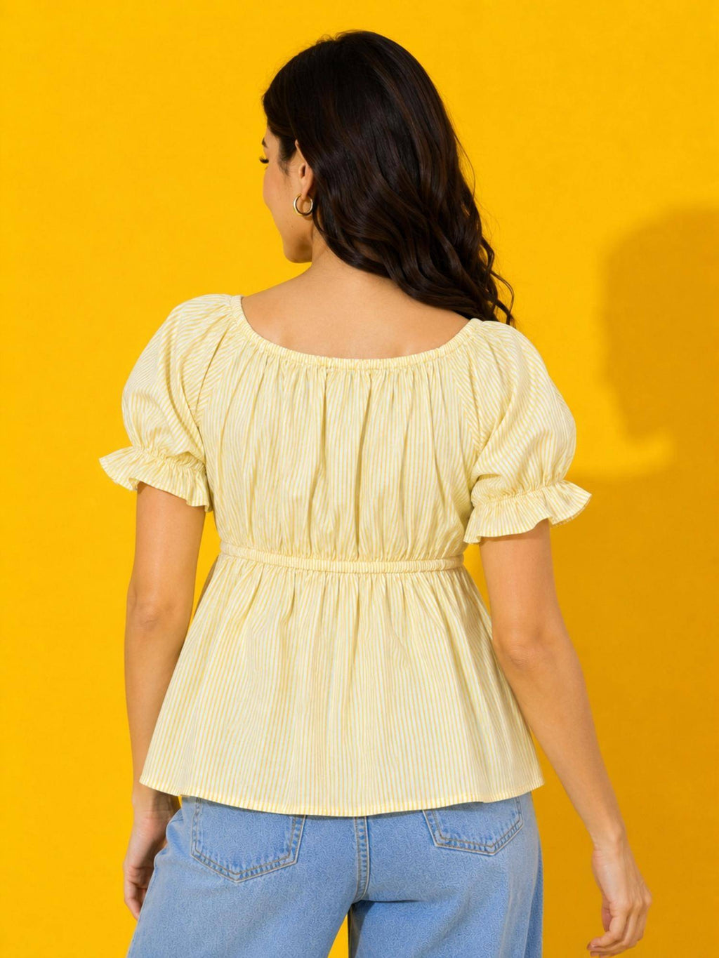 Women Yellow Striped Puff Sleeve Babydoll Peplum Top | pt51 - view 2