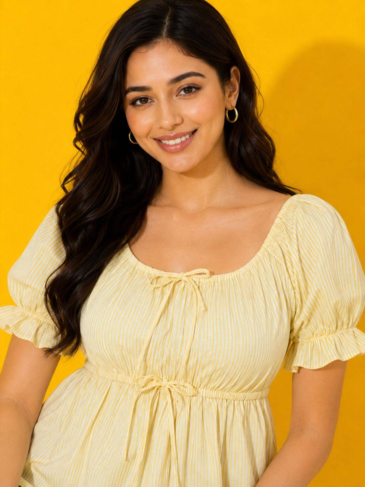 Women Yellow Striped Puff Sleeve Babydoll Peplum Top | pt51 - view 5