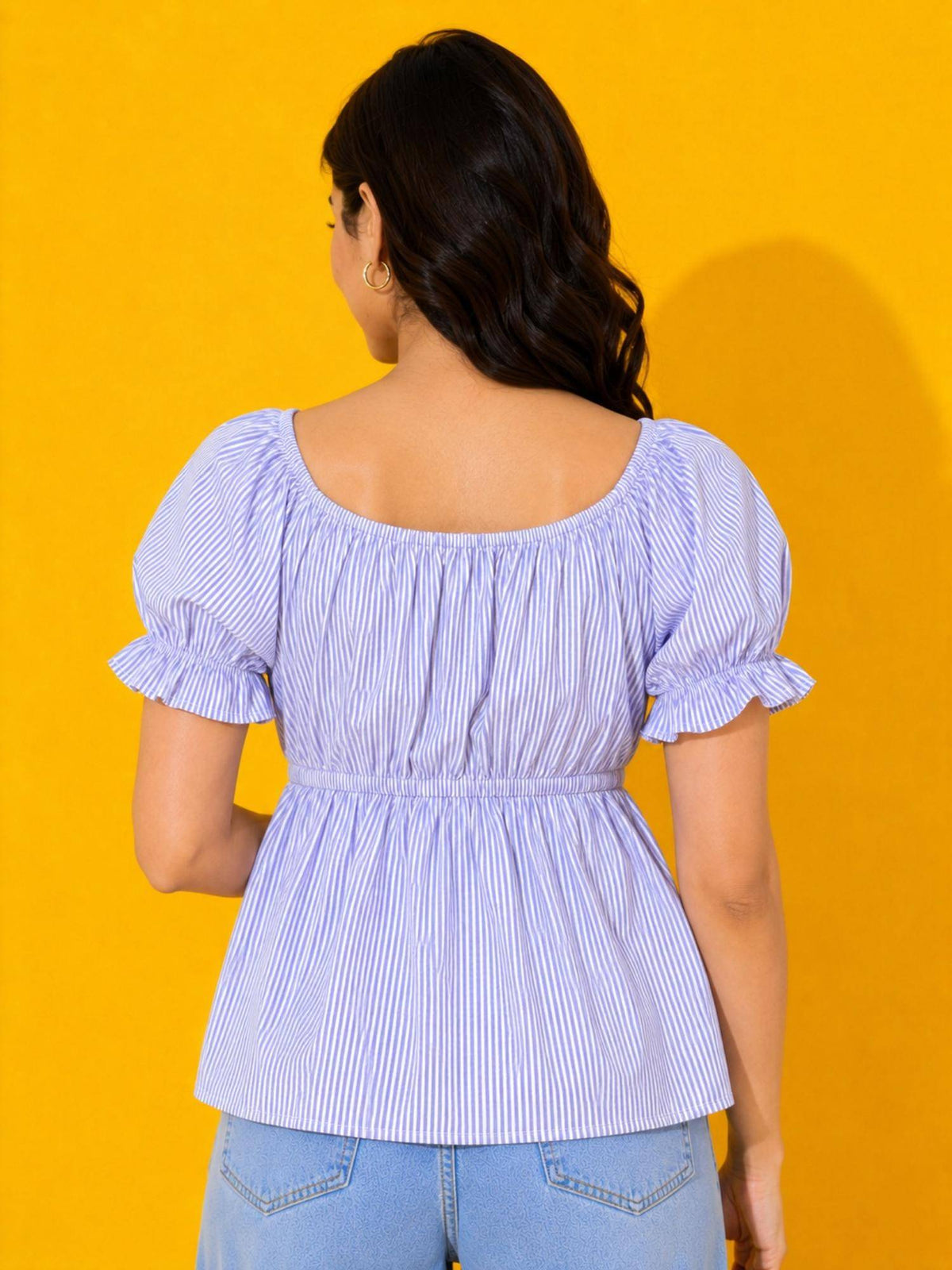 Women Purple Striped Puff Sleeve Babydoll Peplum Top | pt51 - view 2