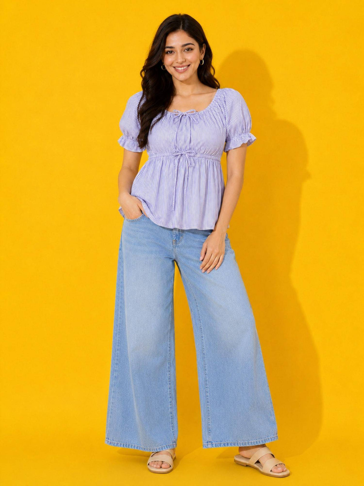 Women Purple Striped Puff Sleeve Babydoll Peplum Top | pt51 - view 3