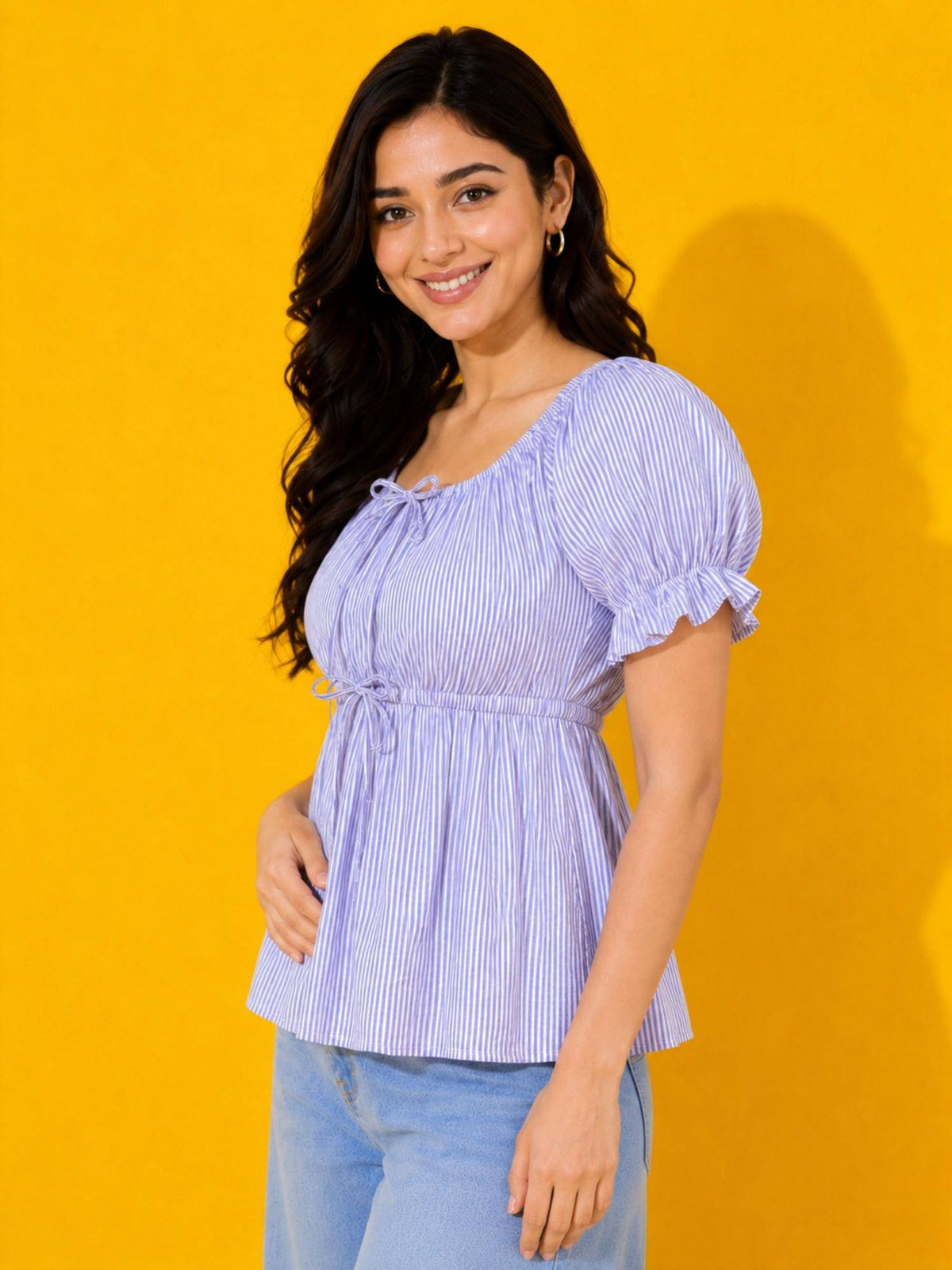 Women Purple Striped Puff Sleeve Babydoll Peplum Top | pt51 - view 4