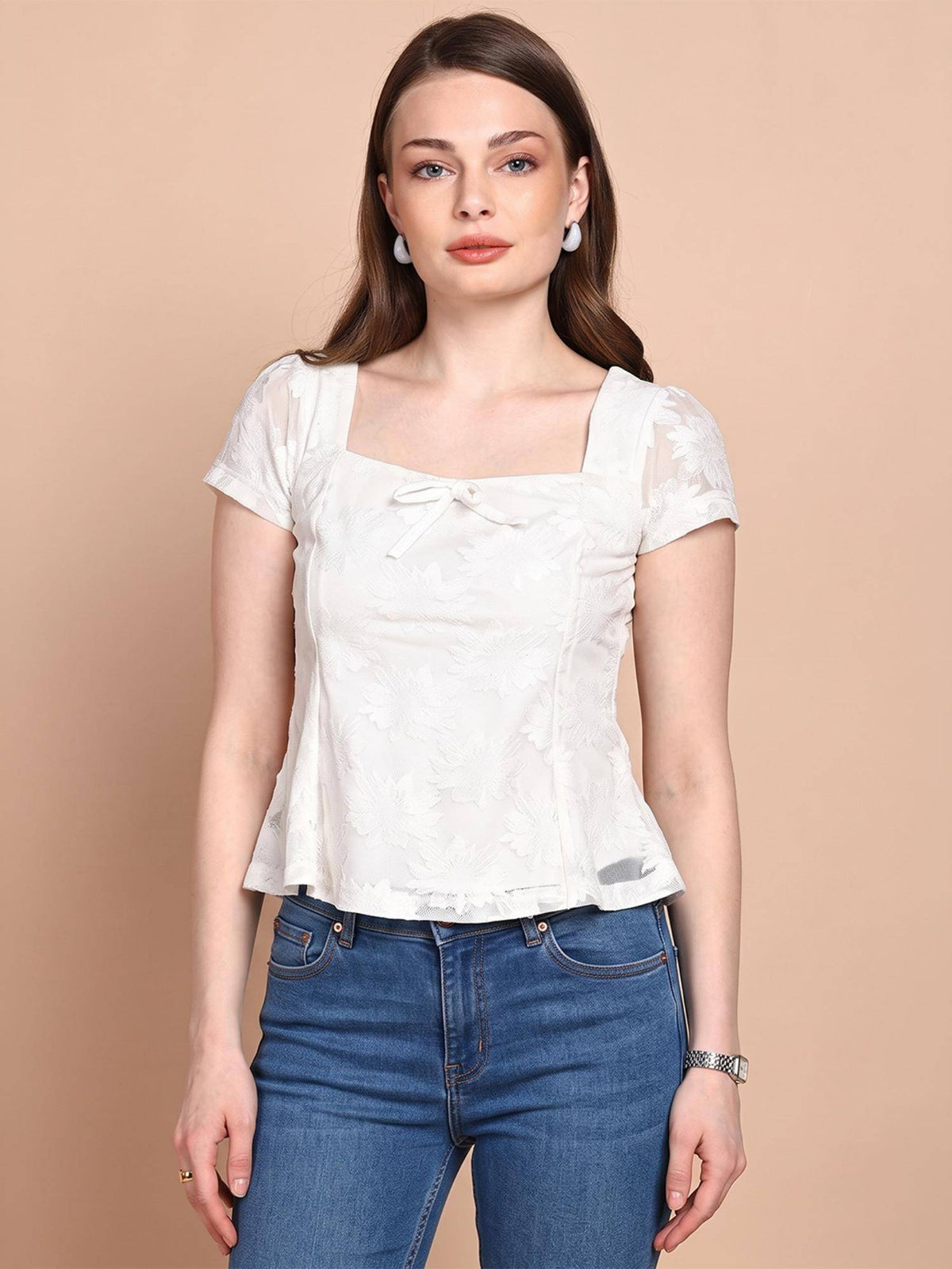 Women's White Floral Lace Square Neck Short Sleeve Peplum Top | pt51 - view 2