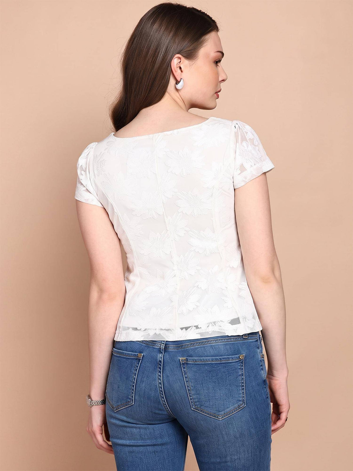 Women's White Floral Lace Square Neck Short Sleeve Peplum Top | pt51 - view 3