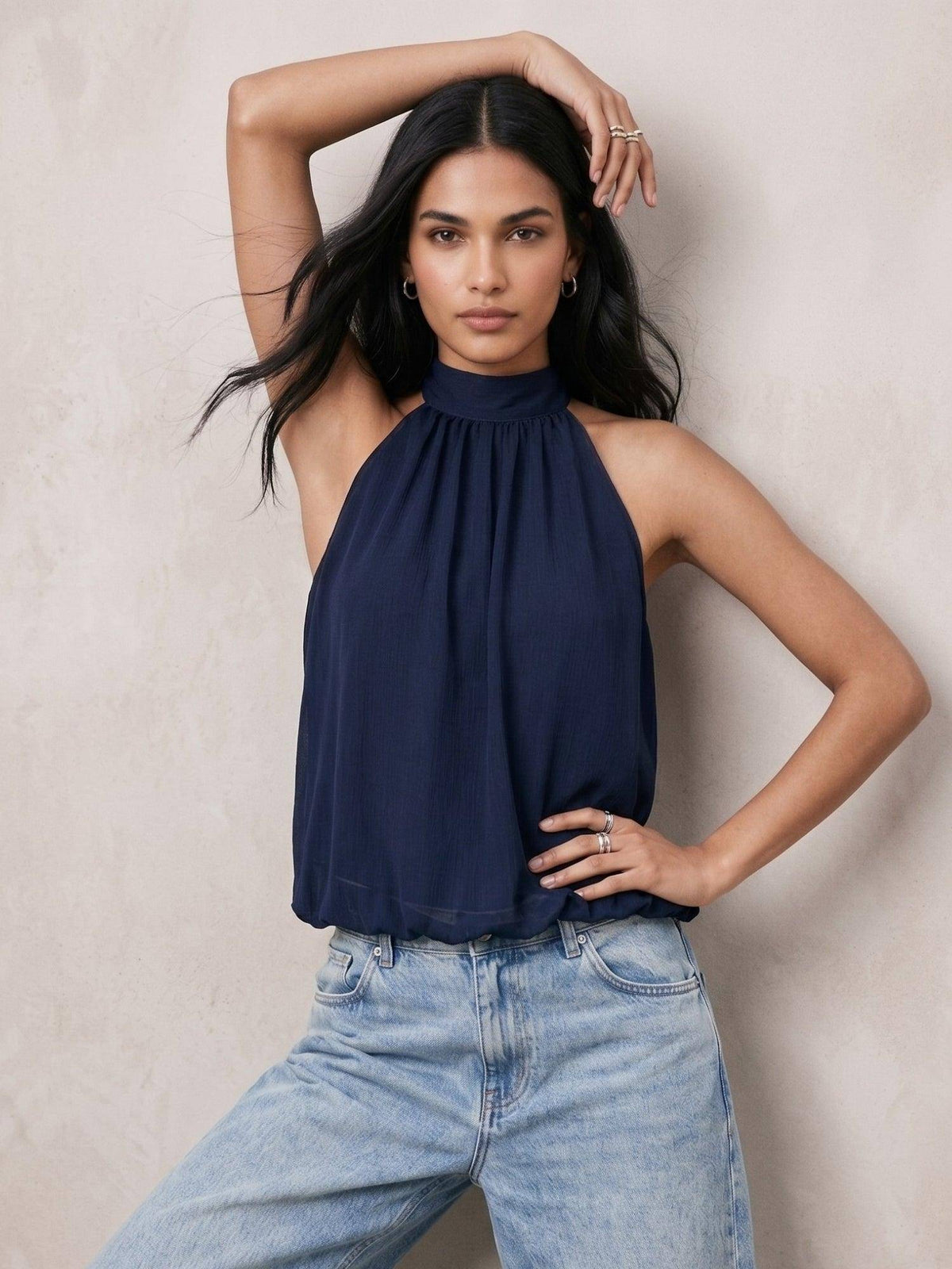 Navy Blue Halter Neck Flouncy Top | HT67 - view 2
