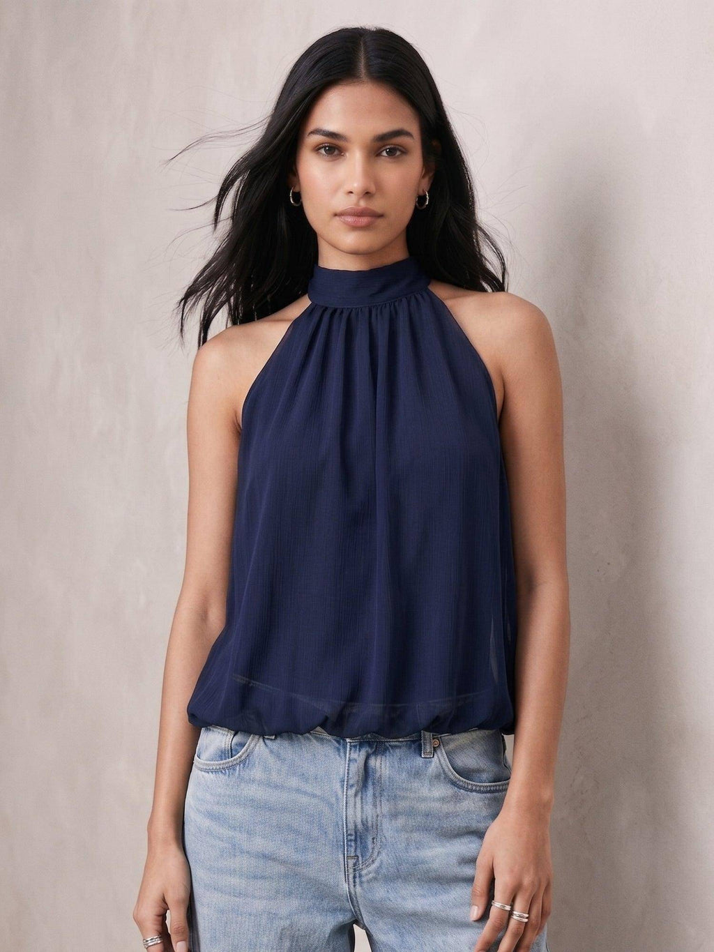 Navy Blue Halter Neck Flouncy Top | HT67 - view 3