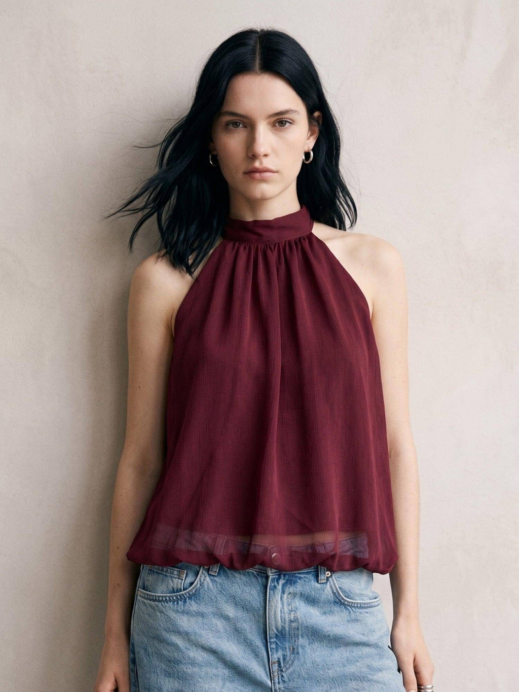 Maroon Halter Neck Flouncy Top | HT67 - view 1