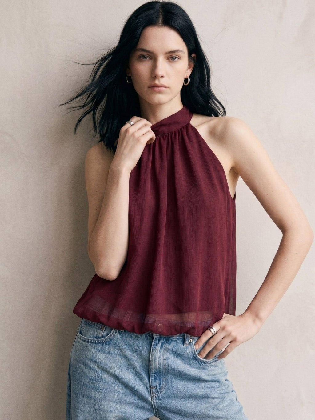Maroon Halter Neck Flouncy Top | HT67 - view 2
