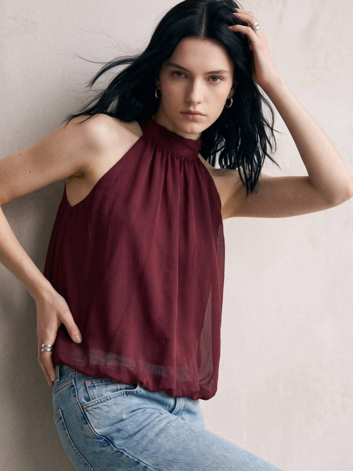 Maroon Halter Neck Flouncy Top | HT67 - view 3