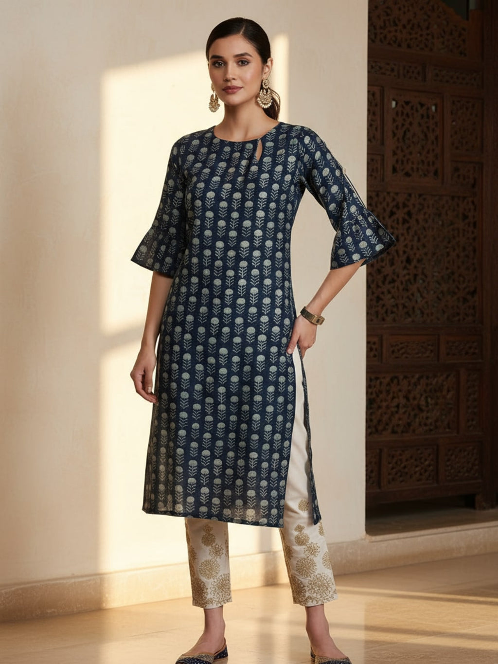 Gerua Blue Printed Silk Straight Kurta