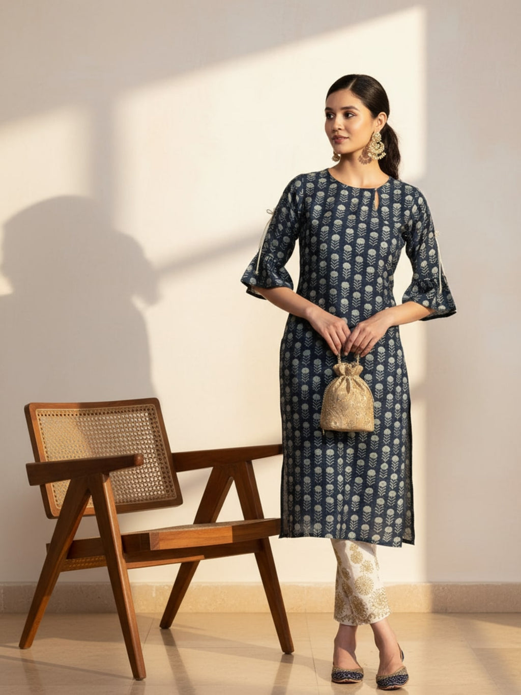 Gerua Blue Printed Silk Straight Kurta