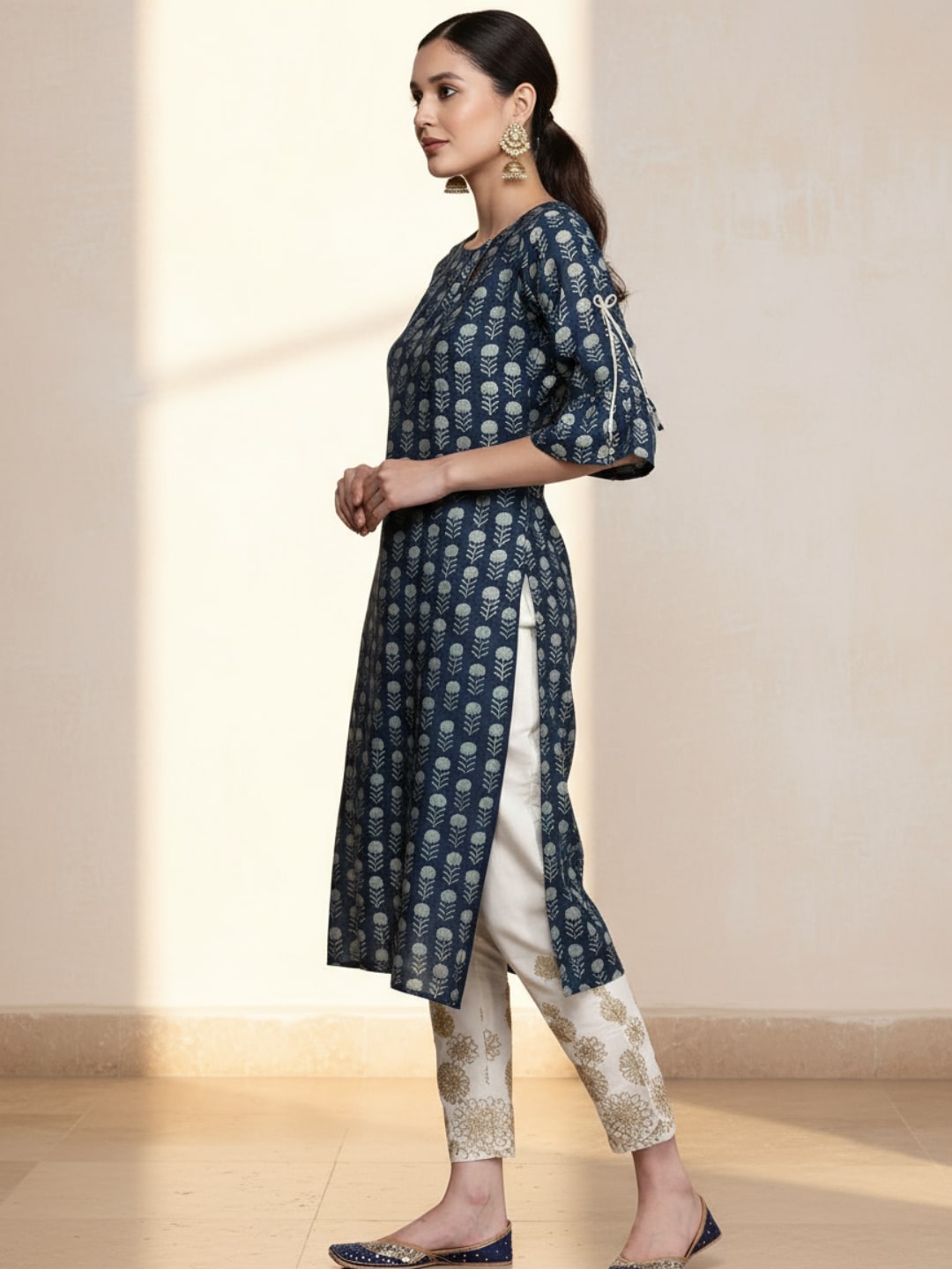 Gerua Blue Printed Silk Straight Kurta