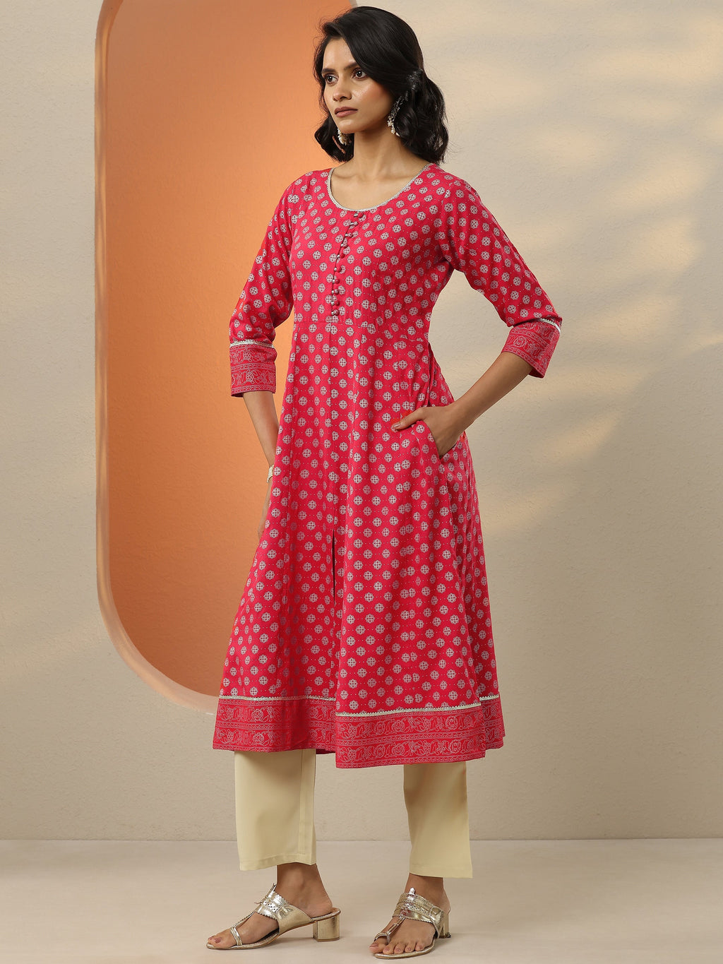 Gerua Red Printed Rayon A-Line Kurta