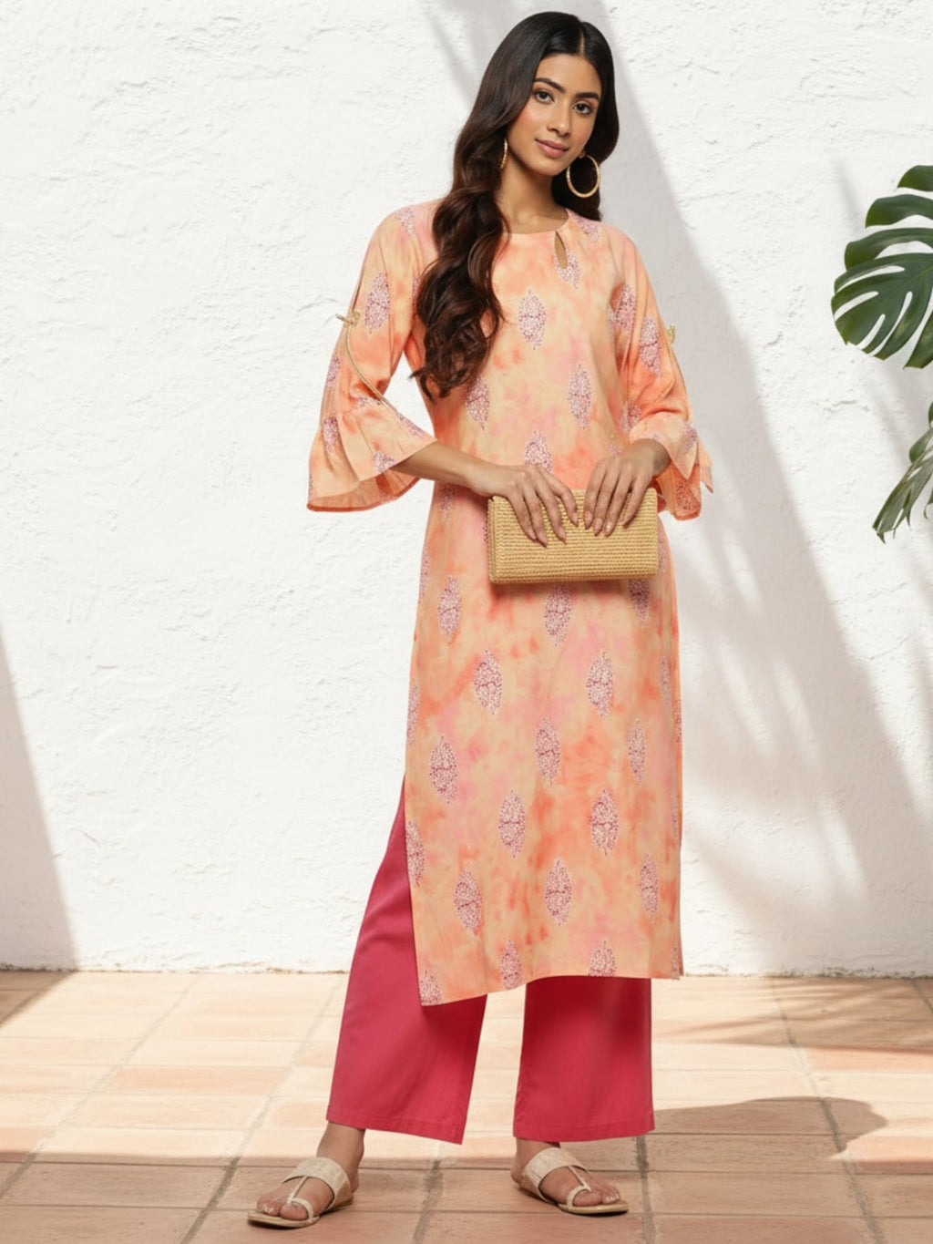 Gerua Peach Printed Silk Straight Kurta